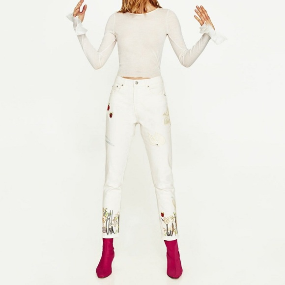 NWT! Zara Vintage High Waist Embroidered Beaded Straight Leg White Jeans Size 4 - Picture 2 of 13